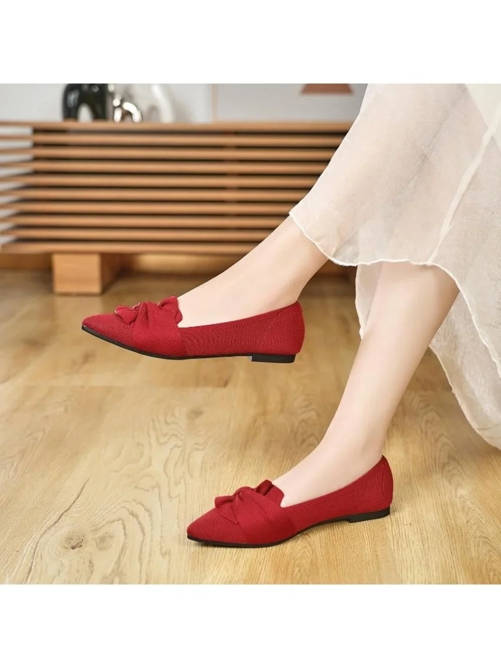 Women's Red Pointed Toe Ballet Flats with Bow Comfortable Knit Dressy Shoes